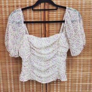 ♤ Isalis Ruched Floral Sheer Sleeve Square Neck Top Size Medium Cream Pink